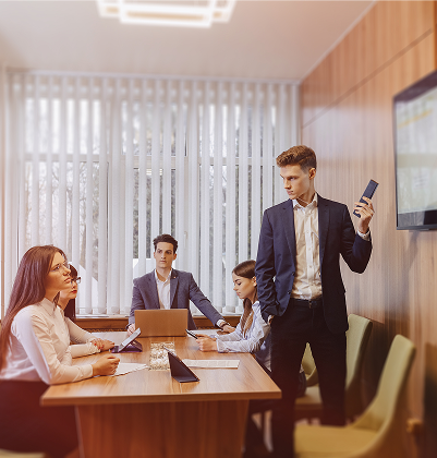 Meeting in an office with vertical blinds